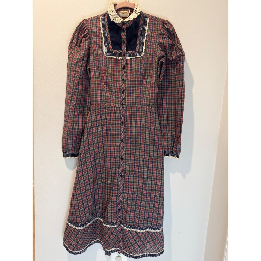 Vintage 70s Gunne Sax Plaid Lace Velvet Prairie Midi Dress